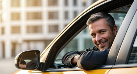 Friendly taxi driver with short hair leans out of yellow cab window, displaying a welcoming smile against an urban background, embodying the spirit of transportationの素材