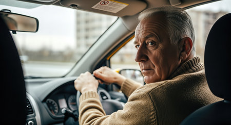 Elderly taxi driver, dressed in a beige sweater, is focused on driving while glancing back at the passenger, capturing the essence of urban transportationの素材