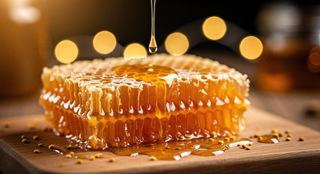 Honeycomb with golden honey is placed on a wooden board, illuminated by soft bokeh lights, enhancing the warm and inviting ambiance for food loversの素材