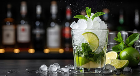 Vibrant cocktail featuring crushed ice, fresh lime slices, and mint leaves in a clear glass, beautifully presented against a blurred bar backdrop, ideal for summer enjoymentの素材