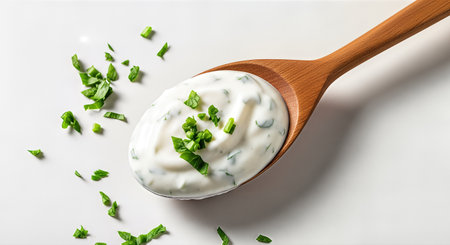 Creamy herb dip presented on a wooden spoon, garnished with fresh chives and scattered herbs, highlighting a delightful addition to appetizers and snacksの素材