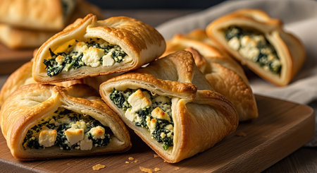 Flaky pastry pockets filled with creamy spinach and feta cheese, beautifully arranged on a wooden board, highlighting appetizing textures and inviting culinary delightの素材