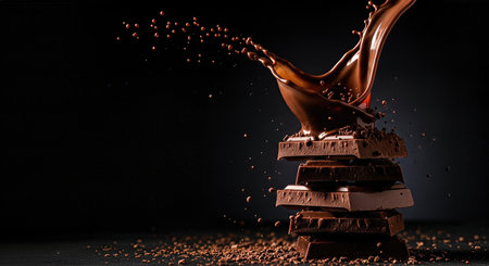 Stacked dark chocolate pieces with a flowing splash of melted chocolate, showcasing a rich and indulgent dessert concept, perfect for food photography and culinary artの素材