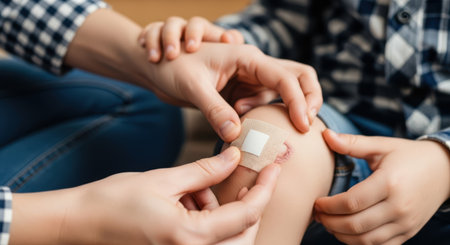 Adult gently places a bandage on child's knee, emphasizing care and compassion in a cozy setting, highlighting the importance of healing and emotional supportの素材