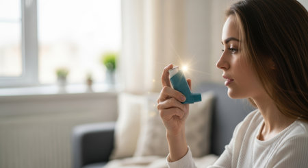 Woman with asthma inhaler is seated in a comfortable living room, showing her proactive approach to managing respiratory health and personal wellnessの素材