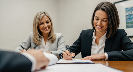 Female attorney in formal attorney is engaged in signing legal documents at a desk with her client, highlighting teamwork and professionalism in a contemporary office settingの素材