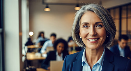 Female attorney exudes confidence in a professional suit, surrounded by colleagues in a contemporary office, showcasing collaboration and legal professionalismの素材
