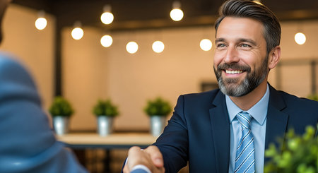 Professional lawyer engages in a handshake with a client in a contemporary office, highlighting the importance of trust and collaboration in legal mattersの素材