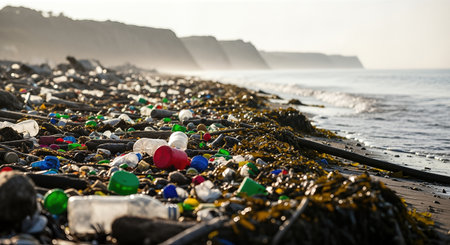 Plastic bottles, caps and seaweed covering long rocky shoreline at calm sea, dramatic evidence of coastal pollution, marine debris and ongoing environmental crisis.の素材