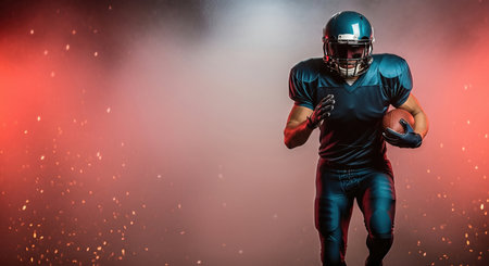 American football. Football athlete in blue gear is sprinting with ball, illuminated by vibrant lighting and smoke, capturing the essence of sports and competitionの素材