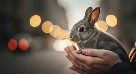 Pets. Gray rabbit is lovingly cradled in hands, surrounded by a soft bokeh background of warm lights, highlighting the connection between pet and humanの素材