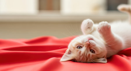 Pets. Adorable orange tabby kitten is playfully lying on soft red fabric, displaying its charming personality and inviting warmth, perfect for pet lovers and enthusiastsの素材