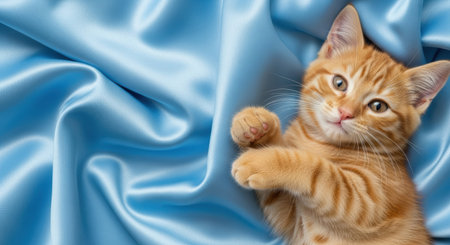 Pets. Orange tabby kitten is playfully lying on smooth blue satin fabric, highlighting its fluffy fur and curious expression in a serene atmosphereの素材