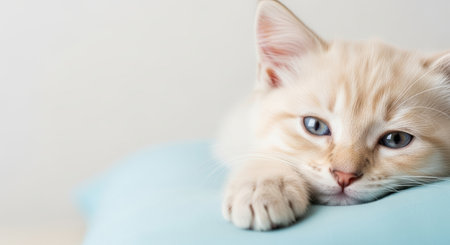 Pets. Cream-colored kitten with bright blue eyes is lounging on a soft blue pillow, creating a cozy and tranquil scene filled with warmth and charmの素材