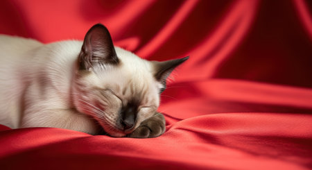 Pets. Siamese cat is resting on rich red satin fabric, highlighting its soft fur and peaceful demeanor, creating a warm and inviting atmosphere for relaxationの素材