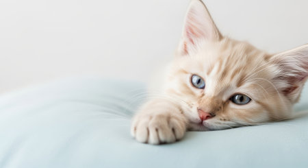 Pets. Cream-colored kitten with blue eyes relaxes on a soft pillow, displaying its playful nature and fluffy fur in a cozy indoor environmentの素材