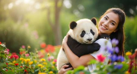 Pets. Woman embraces adorable panda cub in a lush garden filled with bright flowers, creating a cheerful scene that highlights the bond between humans and animalsの素材