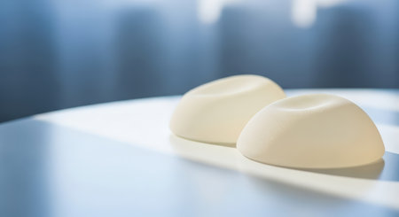 Breast augmentation implants are positioned on a sleek surface, highlighting their design and material, representing the journey of self-improvement and confidenceの素材
