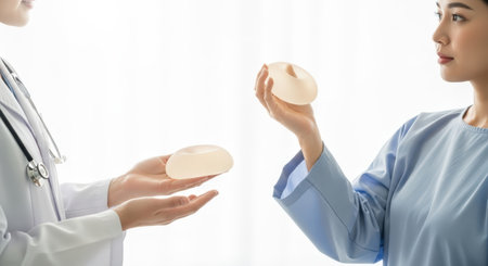 Woman in a medical setting is examining breast implants during a consultation with a healthcare professional, showcasing a professional atmosphere and informative discussionの素材