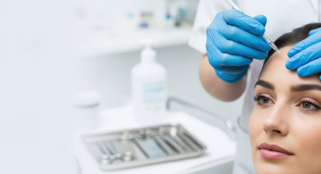 Female patient undergoing cosmetic procedure in a modern clinic, showing medical instruments and a clean environment, emphasizing beauty and self-careの素材