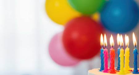 Birthday. Birthday cake adorned with colorful candles, glowing brightly, set against a backdrop of cheerful balloons, enhancing the joyful ambiance of a children's birthday partyの素材