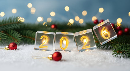 Transparent blocks show the year 2026, nestled among pine branches and red ornaments, with soft snow creating a festive ambiance for New Year celebrationsの素材