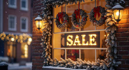 Storefront window decorated with holiday wreaths and glowing lights, featuring a prominent SALE sign, inviting customers for Christmas and New Year discountsの素材