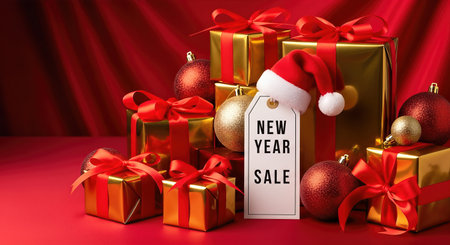 Vibrant gift boxes with shiny ribbons and ornaments, showcasing a tag that says New Year Sale, set against a rich red backdrop, evoking holiday cheer and excitementの素材