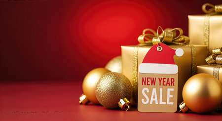New Year sale tag features a festive design, surrounded by golden ornaments and beautifully wrapped gifts, evoking a cheerful holiday spirit with ample copy spaceの素材