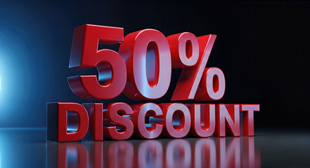 Large red discount text stands out against a dark backdrop, creating a festive atmosphere for holiday sales and promotions, perfect for attracting attentionの素材