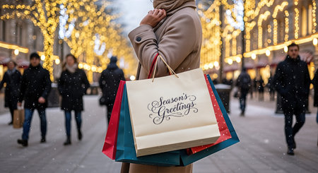 Female shopper in winter attire carries colorful bags with holiday messages, walking through a beautifully lit street, embodying the joy of Christmas and New Year festivitiesの素材