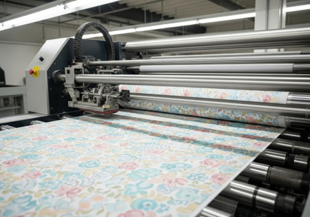 Advanced digital fabric printing machine operates, producing colorful floral designs on fabric rolls, highlighting innovation in textile production and artistic expressionの素材