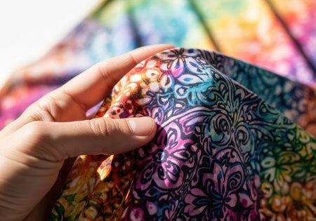 Close-up of a hand grasping beautifully printed fabric with vivid colors and detailed patterns, highlighting the quality of digital fabric printing and its creative potentialの素材