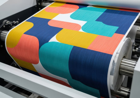 Roll-to-roll fabric printing features colorful abstract patterns on fabric, highlighting the advanced technology and creative potential of digital textile printingの素材