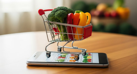 Small shopping cart loaded with vibrant vegetables sits on smartphone screen, illustrating the convenience of online grocery shopping and digital commerceの素材