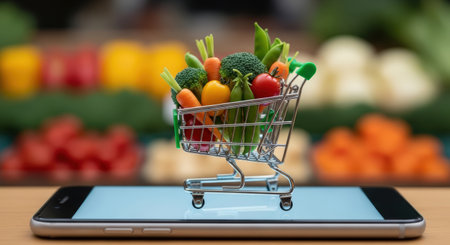Miniature cart loaded with colorful vegetables sits on smartphone, representing online grocery shopping experience amidst a lively market filled with fresh produceの素材