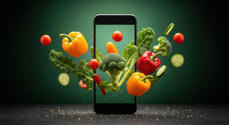 Smartphone showcases an explosion of fresh vegetables, including broccoli and peppers, symbolizing healthy eating and online grocery shopping, creating an engaging visual experienceの素材