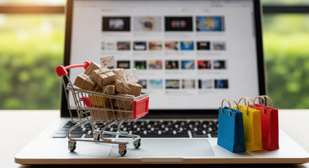 A small shopping cart loaded with packages rests on a laptop keyboard, representing the ease of online shopping and the vibrant retail experience in a digital environmentの素材