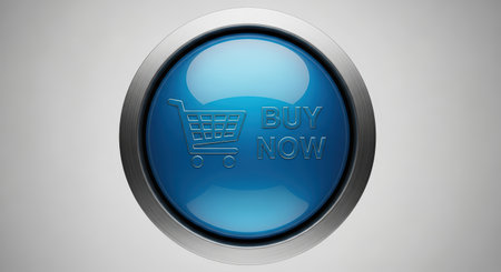 Glossy blue button features a shopping cart icon and the text buy now, set on a soft gray background, symbolizing online shopping and mobile commerceの素材