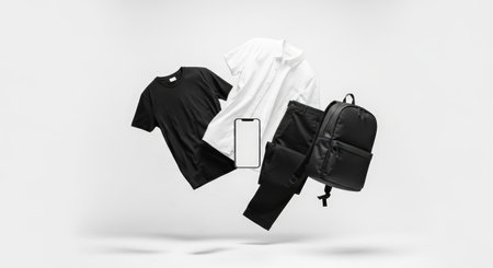 Fashion essentials including black t-shirt, white shirt, black pants, smartphone, and backpack are displayed in a floating arrangement, ideal for online shoppingの素材
