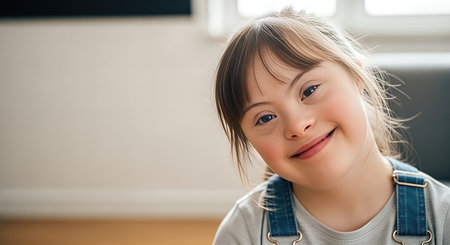 Girl with Down syndrome is smiling in a well-lit indoor space, wearing denim overalls, radiating happiness and warmth while engaging in social activitiesの素材