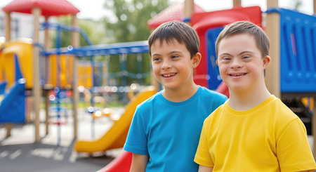Two boys are enjoying time together at a vibrant playground, with bright slides and play equipment in the background, highlighting joyful social interactionの素材