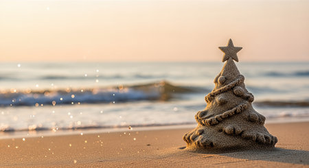 Unique sand sculpture of a Christmas tree on the beach, with gentle ocean waves and warm sunlight, embodying a festive winter holiday spiritの素材