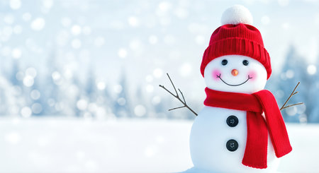 Cheerful snowman with a red hat and scarf stands in a snowy setting, surrounded by winter trees, capturing the joy and warmth of holiday festivitiesの素材