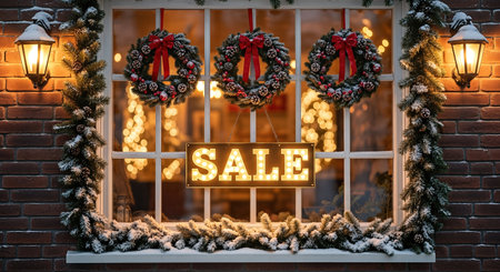 Window decorated with Christmas wreaths and lights, featuring a bright sale sign, inviting shoppers to enjoy festive discounts and holiday cheer in a cozy settingの素材