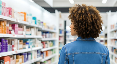 Young woman with curly hair is browsing through a cosmetics and perfume store, surrounded by colorful products, highlighting beauty and self-care optionsの素材