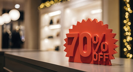 Bright red discount sign shows 70% off on a counter in a festive store, surrounded by warm lights, enhancing the holiday shopping experienceの素材