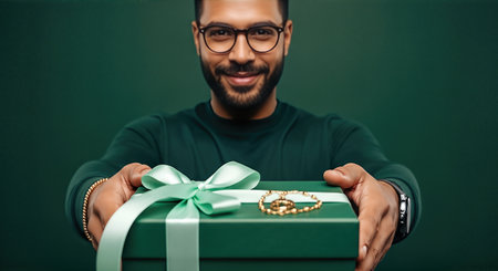 Happy man holds a green gift box adorned with a ribbon, symbolizing love and affection for Valentine's Day, creating a warm and inviting atmosphere for celebrationの素材