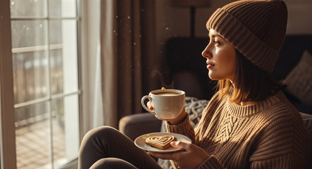 Cozy scene featuring a young woman with a warm drink and cookie, sitting by a window, evoking feelings of love and warmth for Valentine's Dayの素材