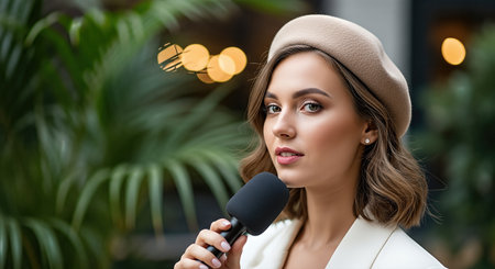 Young woman holds a microphone, dressed elegantly, with lush plants and warm lights creating a lively backdrop, embodied artistic expression and confidenceの素材